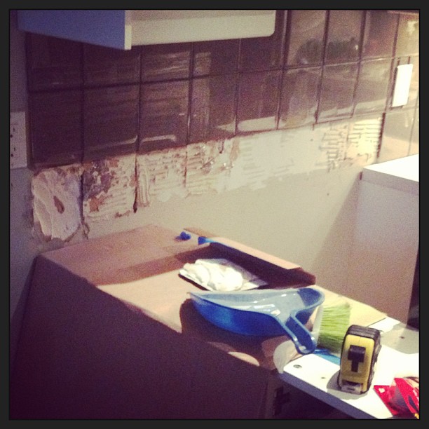 "Kitchen backsplash removal is going very very badly. Me thinks new drywall is in our (immediate) future. #diyfail"